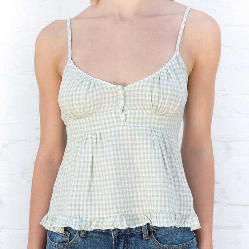 Y2K Fairycore Grunge Plaid Camisole 90s 00s Aesthetic Retro Ruffles Milkmaid Top Summer V Neck Sleeveless Kawaii Crop Top WomenXJ250508