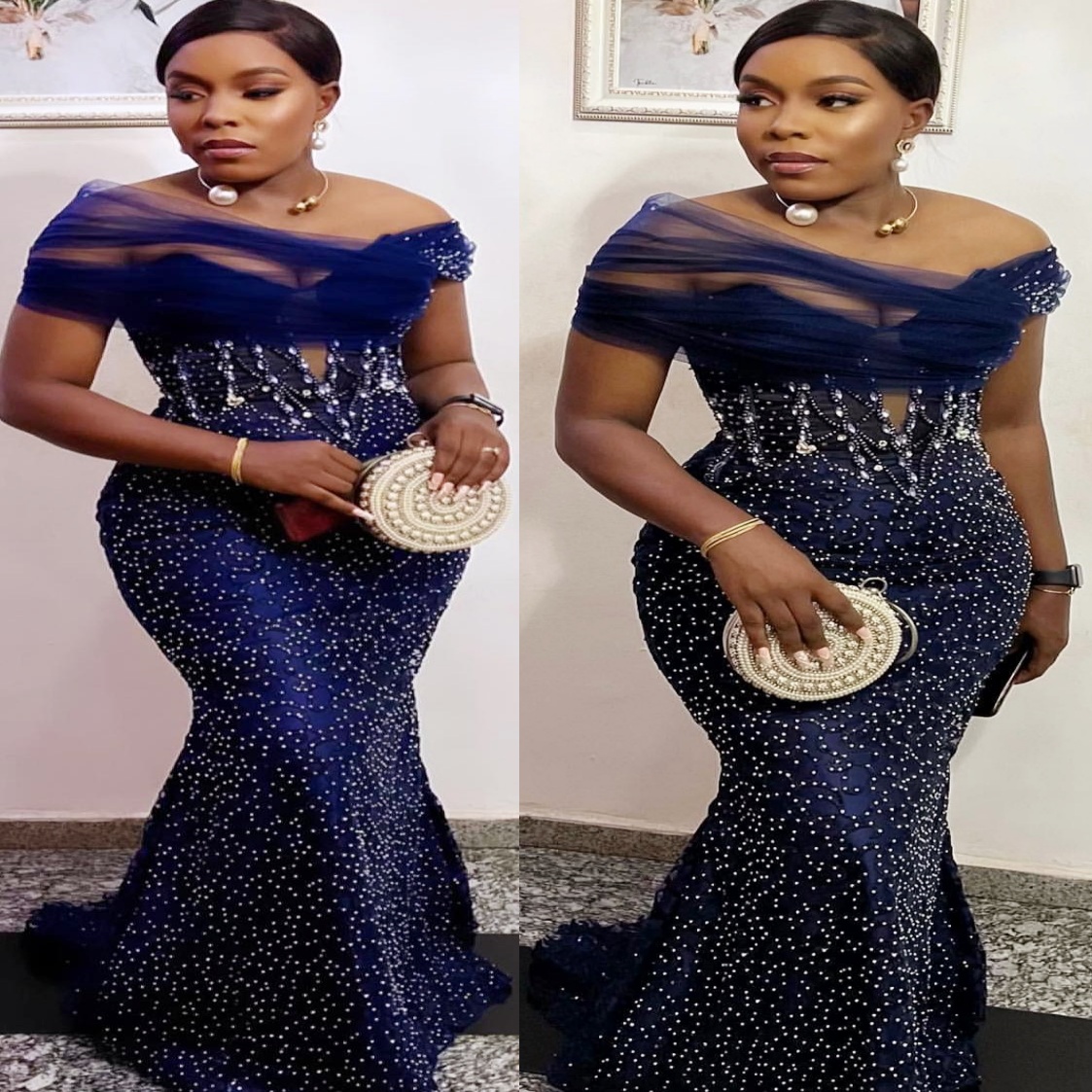 Navy Blue Mermaid Plus Size Prom Dresses 2025 Portrait Sequined Crystals Evening Formal Party Second Birthday Engagement Gowns Dress For Special Occas