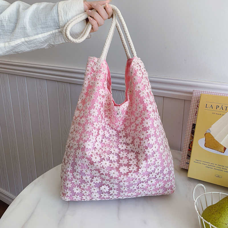 2025 New Korean Elegant Flower Shoulder Bag Large Capacity Underarm Bag Summer Fairy Bag Student Canvas Commuter