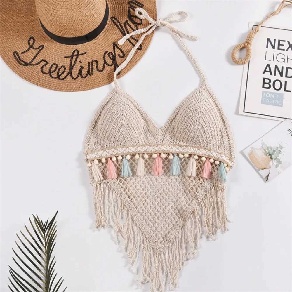 Knitted Tassel hollow womens vest Bohemian style sleeveless sexy womens tight corset cut top beach vestXJ250508
