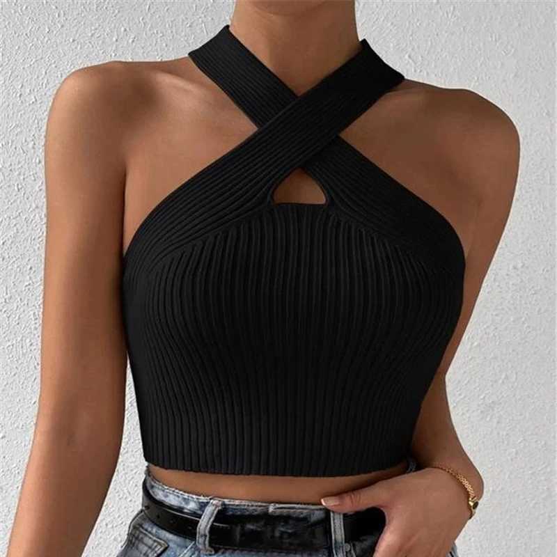 Womens 2024 Summer Knitted Cross Neck Crop Top Sexy Slim Solid Backless Tank Top Elastic Rib Design UnderwearXJ250508