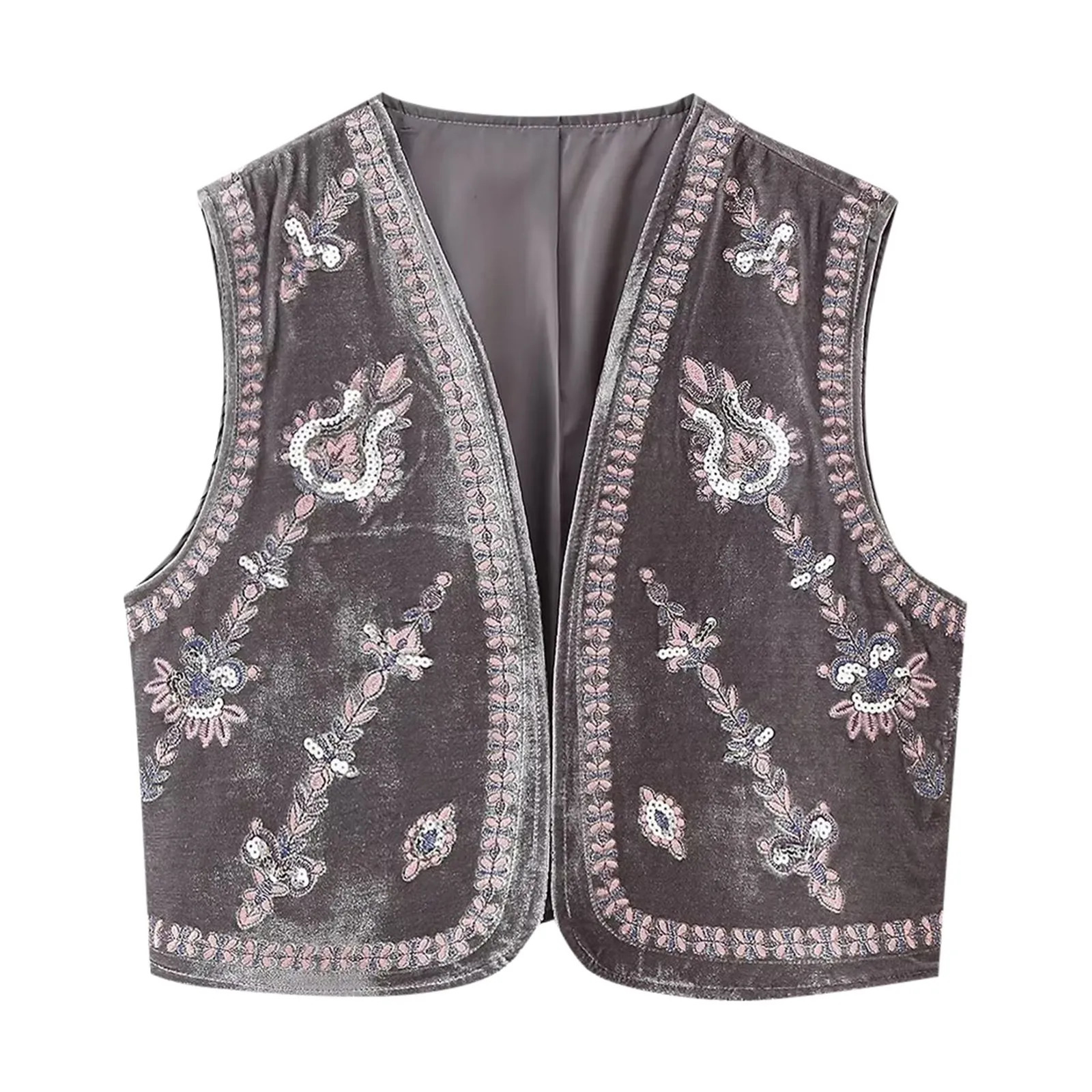 Ladies casual crop waist coat top French ethnic shorts Vneck beaded sleeveless embroidered velvet vest 250430Z