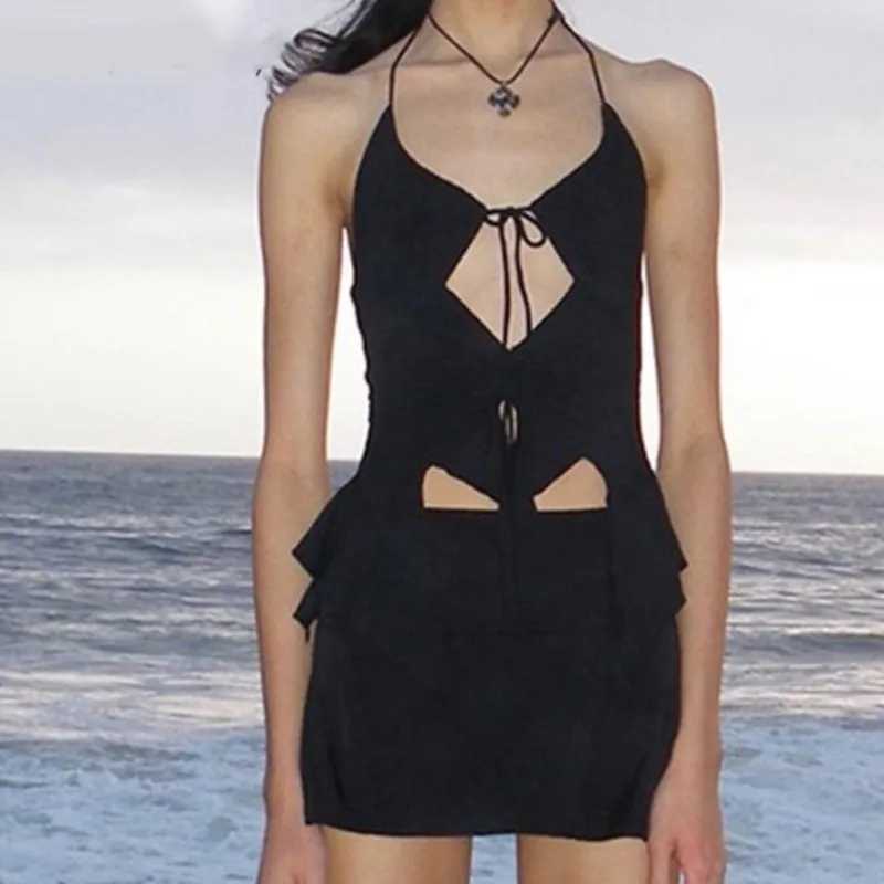 Gothic 21 Style Sexy Vintage Strappy Y2K Halter Crop Top Women Summer Backless Cami Ruffles Fashion Solid color Camisole PartyXJ250508