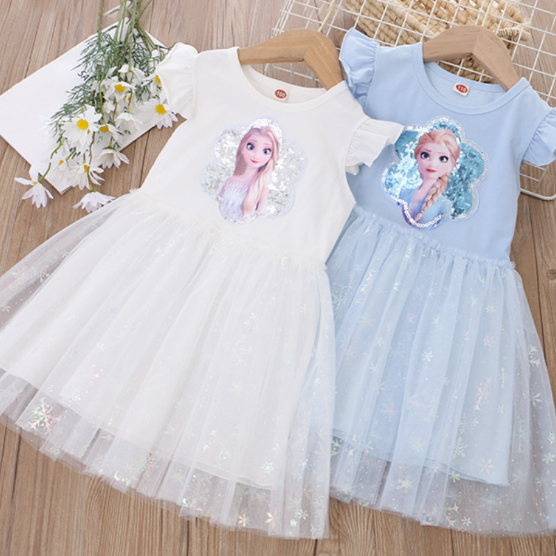 DISNEY Frozen Princess Elsa kids designer clothes toddler designer clothes Summer children clothes girl dress with flying sleeves and sequins cartoon 