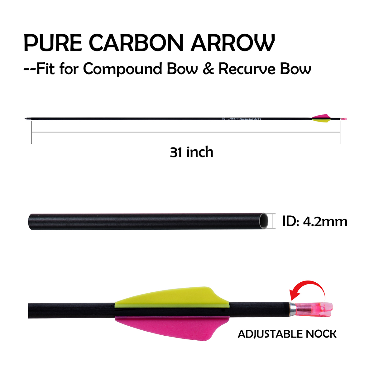 Archery Arrows without Arrow Tips Spine1000-1200 31inch Targeting Arrows 4.2mm Hunting Arrows Carbon Practice Arrows for Recurve Bow & Compound Bow (1