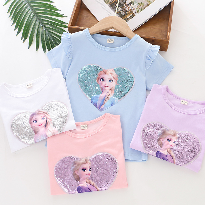 DISNEY Frozen Princess Elsa kids designer clothes Girl summer short-sleeved T-shirt cotton clothes heart sequins pure cotton without label design.