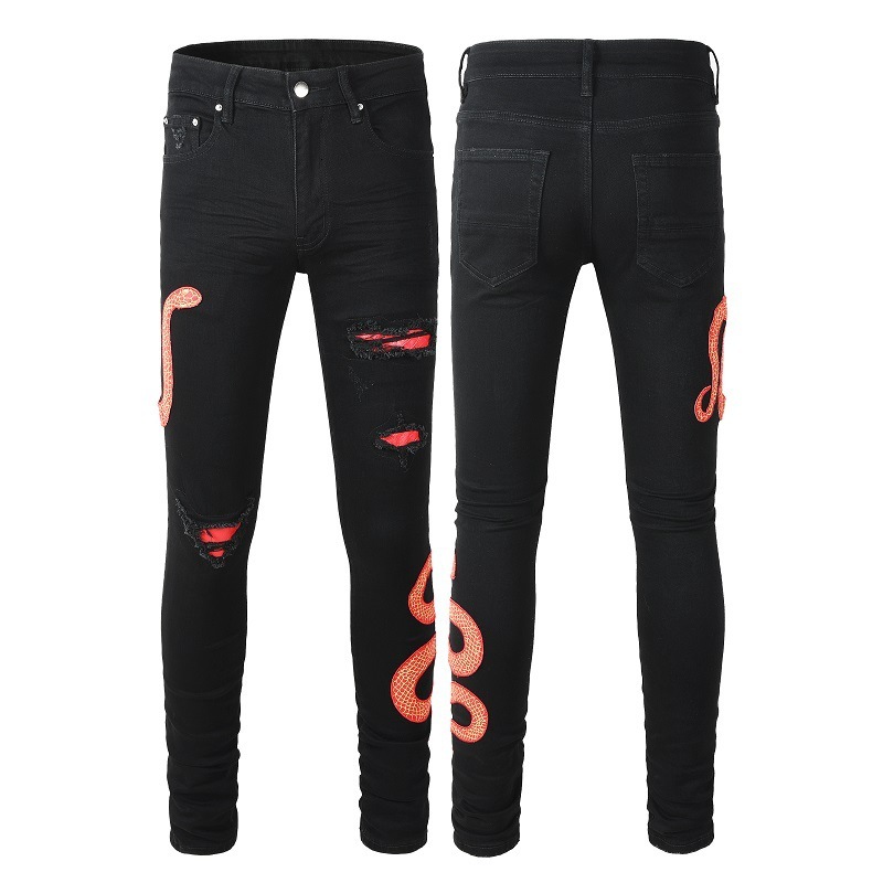 New trendy jeans, straight leg embroidered gold snake slim fit pants, high street men's pants