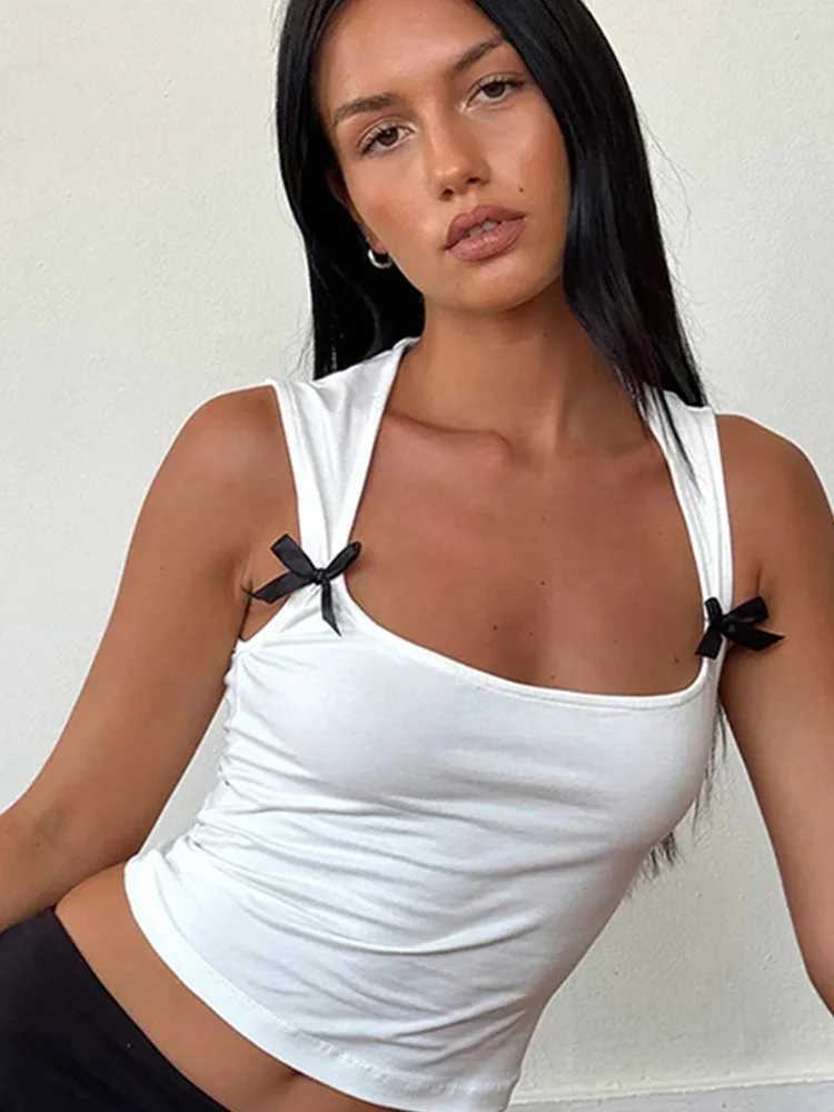 Y2K Womens Bow Tie-Up Tank Tops Wide Shoulder Straps Bandage Camisole Sexy Low Cut Crop Tops Female Vest TopsXJ250508