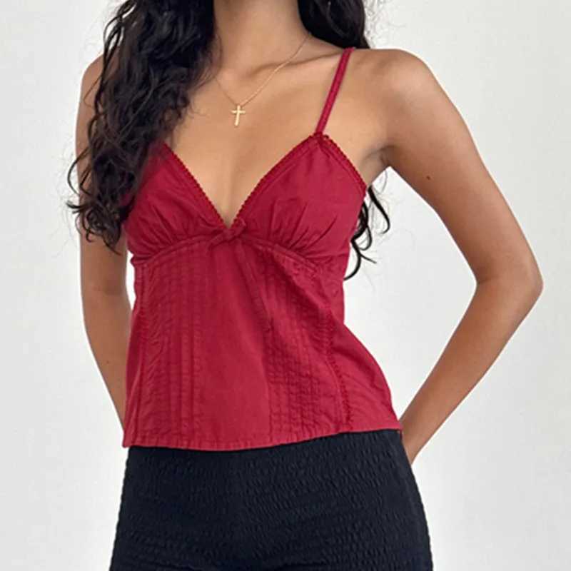 Summer womens plain weave vest fashion bow vest Harajuku streetwear Y2K womens casual sleeveless V-neck vestXJ250508