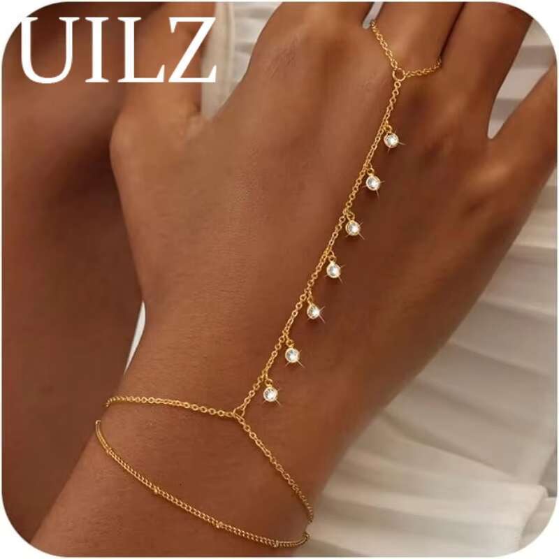 DHCollections Fashion Pearl Zircon Chain Bracelet with Finger Ring Adjustable 17.5cm Slave Hand Jewellery for Women