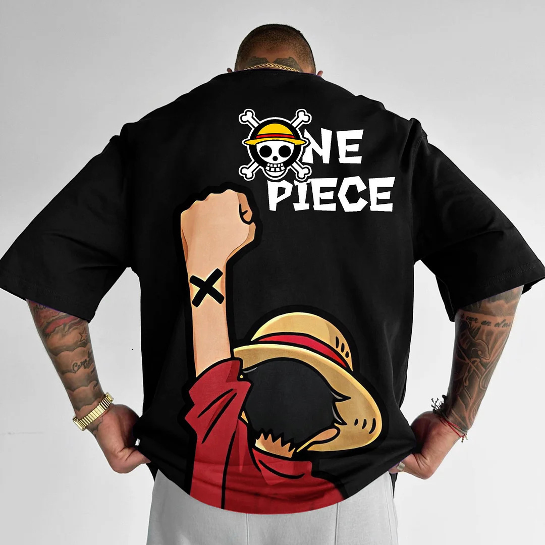 220g pure cotton One Piece short sleeved anime printed men's plus size t-shirt