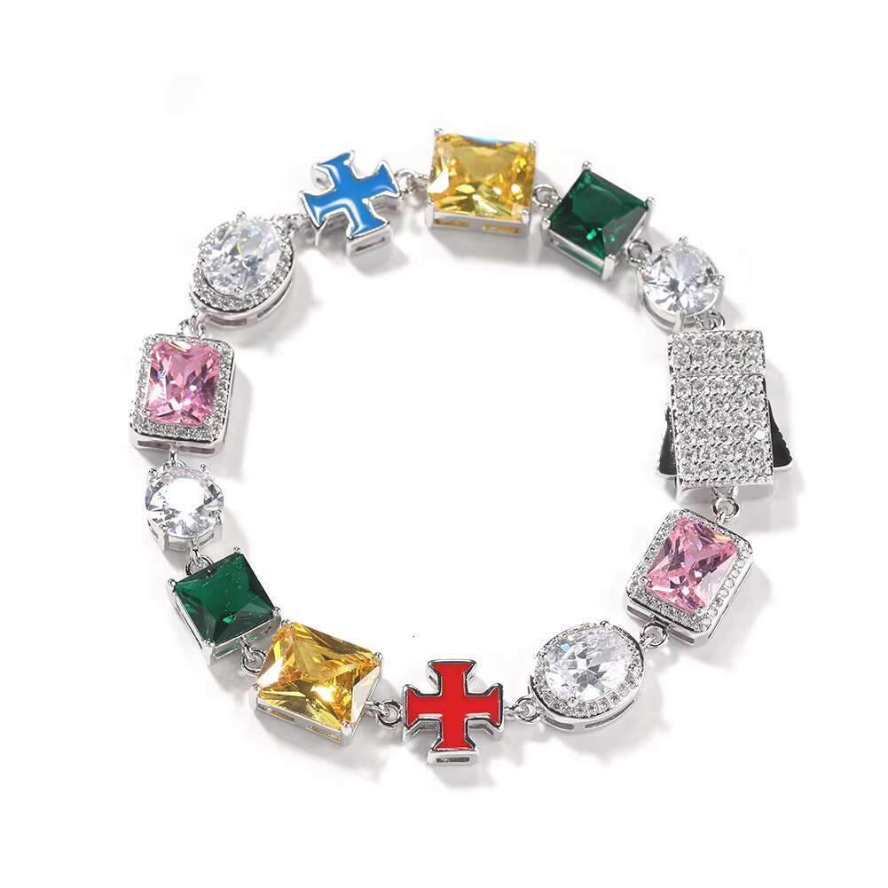 Hip Hop 10mm Templar Multicolored Diamonds Enamel Cross Trendy Bracelet Necklace Set Mixed Gemstone Cluster Pearl Exquisite