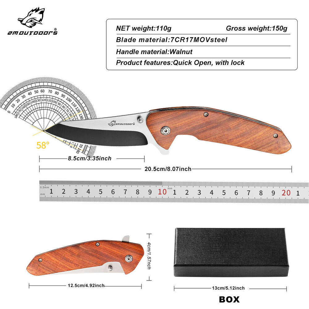 Hot selling 7-chrome outdoor high hardness stainless steel camping self-protection, portable tactical folding knife, red sandalwood