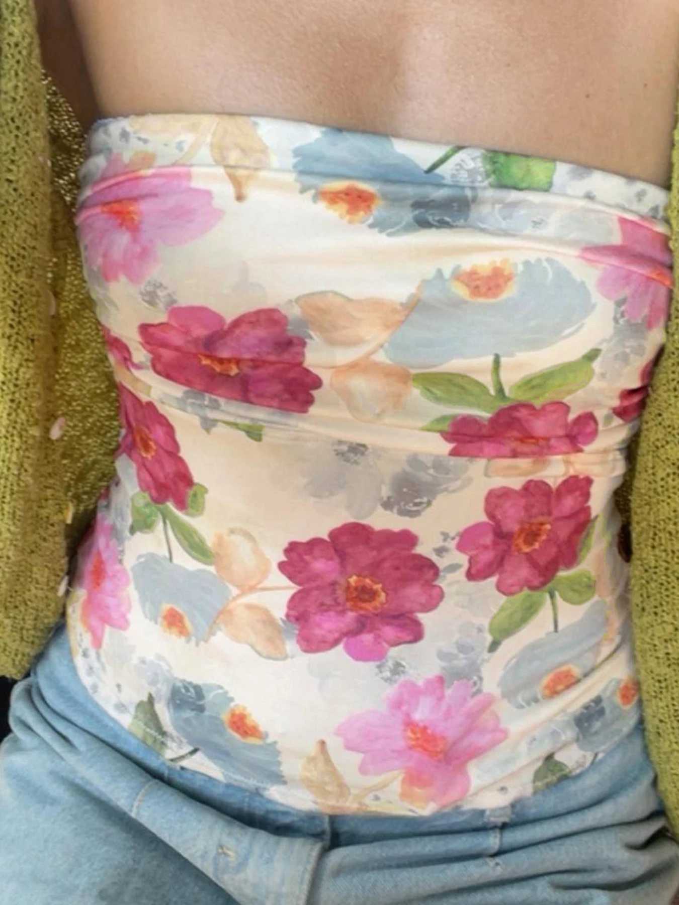 Cuteandpsycho Floral Print Y2K Tube Tops Sexy Summer Backless Womens Bustiers Chic Harajuku Korean Slim Crop Camisole 2000sXJ250508