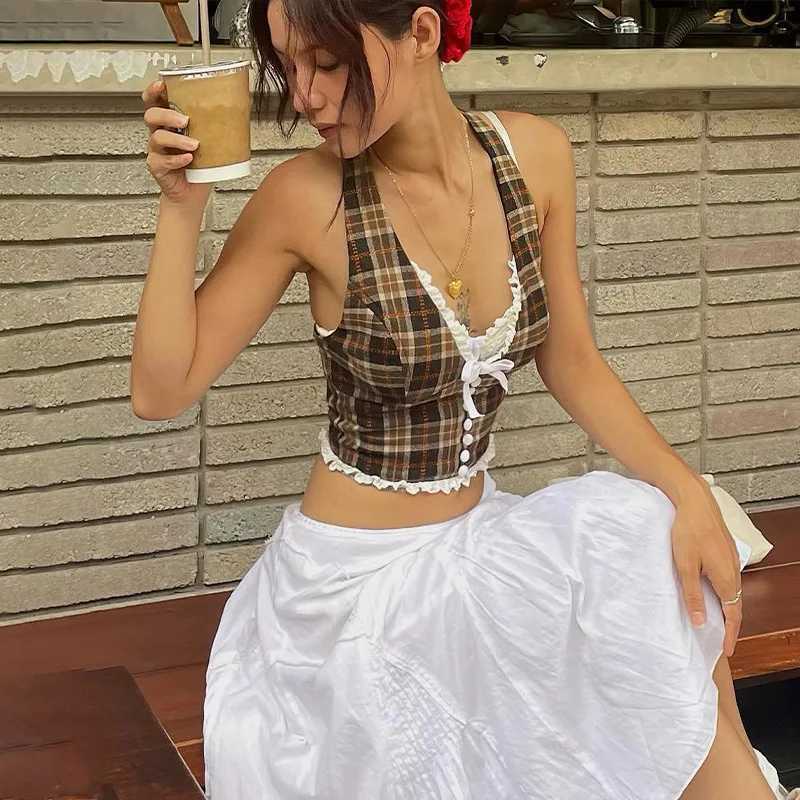 Candyhot Plaid vintage lace French style camisole crop top retro backless sleeveless V-neck ultra-thin top casual streetwear vestXJ250508