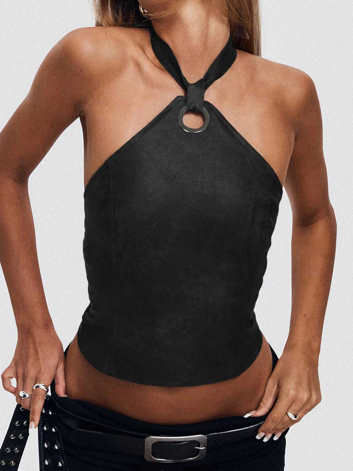 Cuteandpsycho leather backless bow sexy camisole top retro Harajuku punk streetwear Camisol bodysuit summer aesthetic setXJ250508