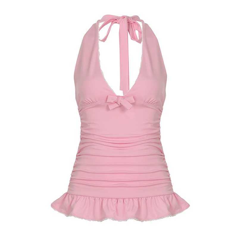 Rockmore pink sweet camisole top womens shirt ultra-thin Camisol Y2k fashionable sleeveless V-neck ruffle backless vest FairycoreXJ250508