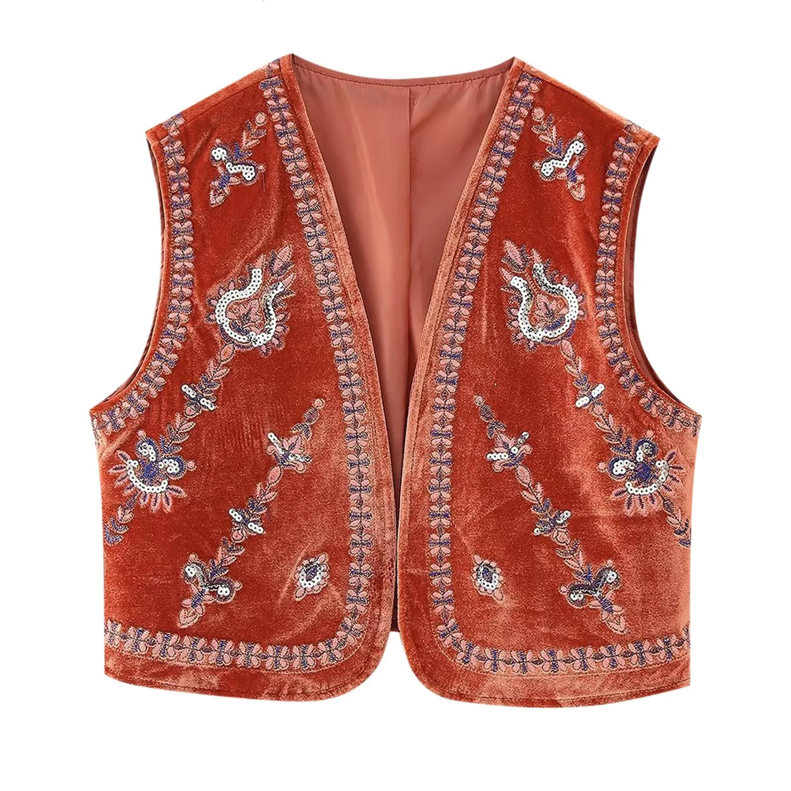 Ladies casual crop waist coat top French ethnic shorts Vneck beaded sleeveless embroidered velvet vest 250430Z