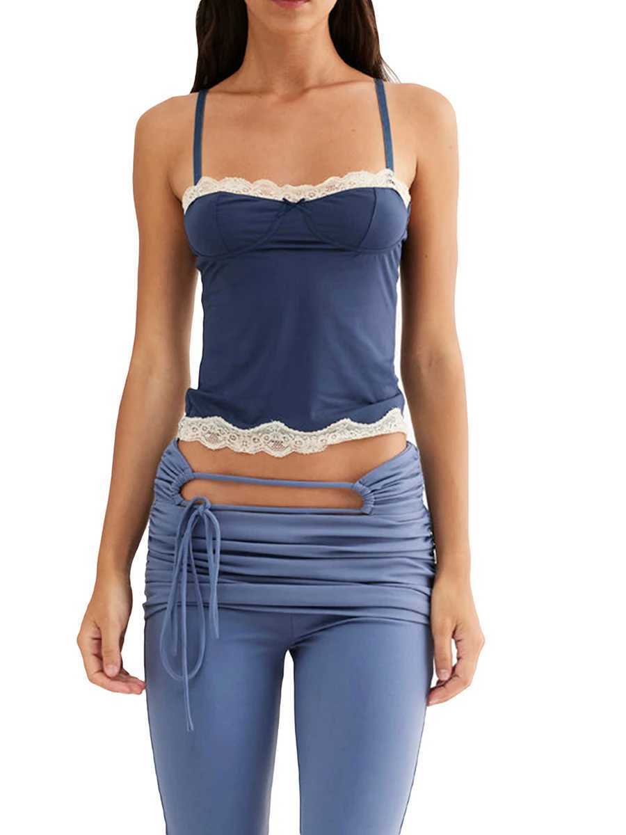 2024 New Fashion Womens Summer Cami Tops Sleeveless Square Neck Bow Front Lace Patchwork CamisoleXJ250508