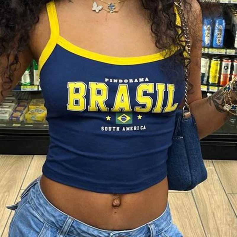 Gothic Vintage Aesthetic Brasil Print Camisole Tops Casual Slim Sexy Girl Fashion Womens Wear Y2K Harajuku Crop Top CamisXJ250508