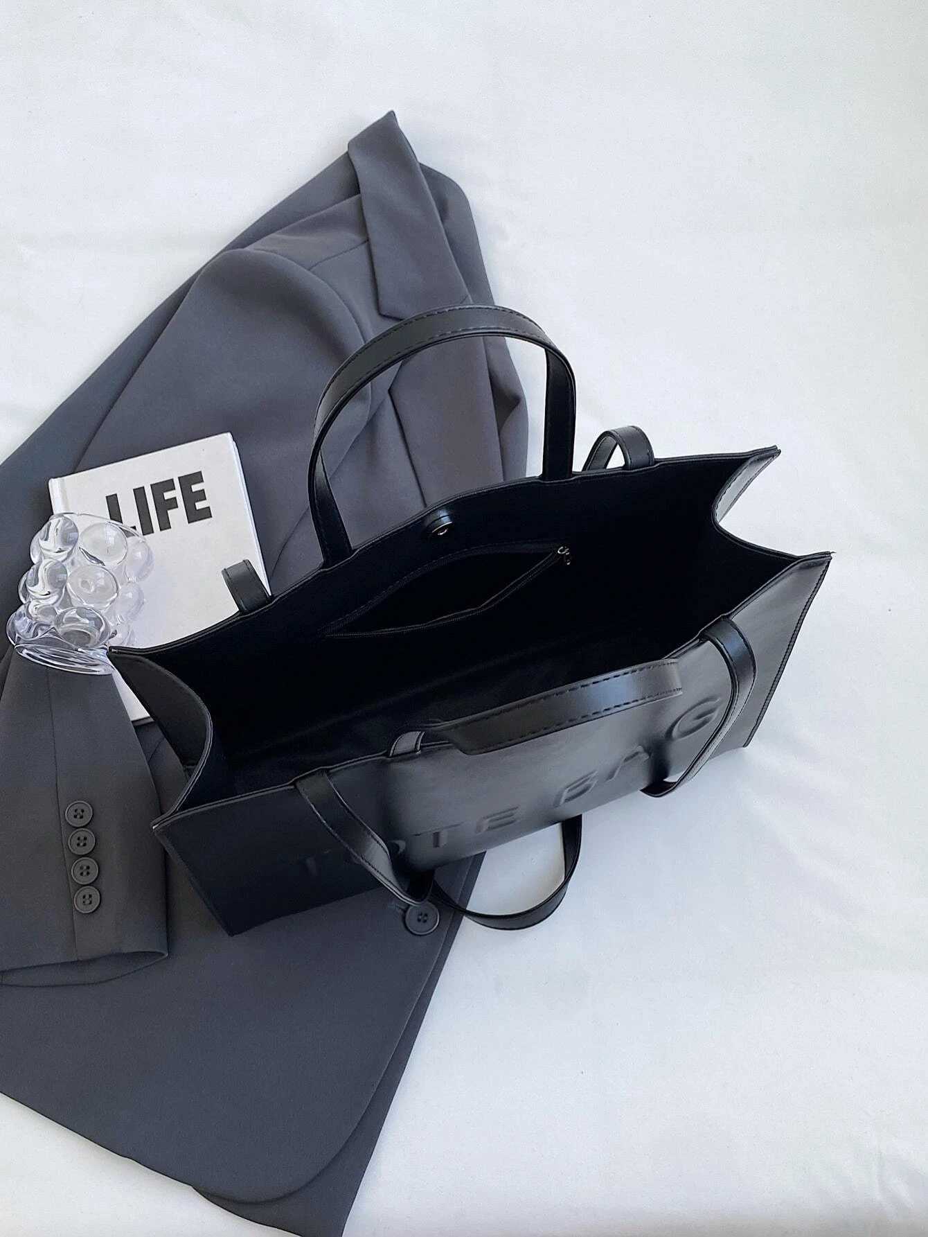 Large Capacity Fashionable Tote Bag With Letter Print Fashion Solid Color Simple Crossbody Bag Women Casual Handbag Shoulder BagW251015