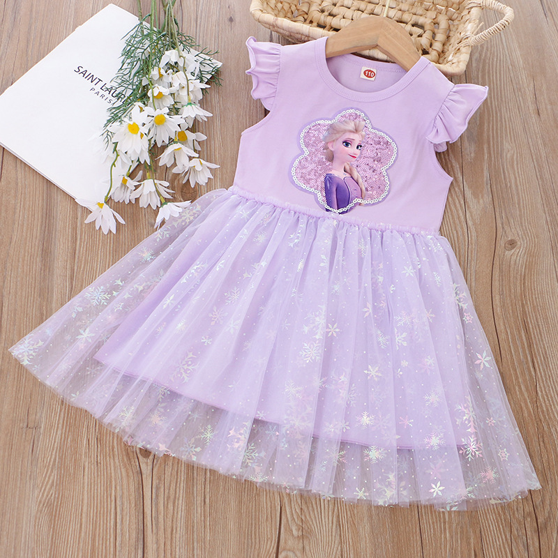 DISNEY Frozen Princess Elsa kids designer clothes toddler designer clothes Summer children clothes girl dress with flying sleeves and sequins cartoon 