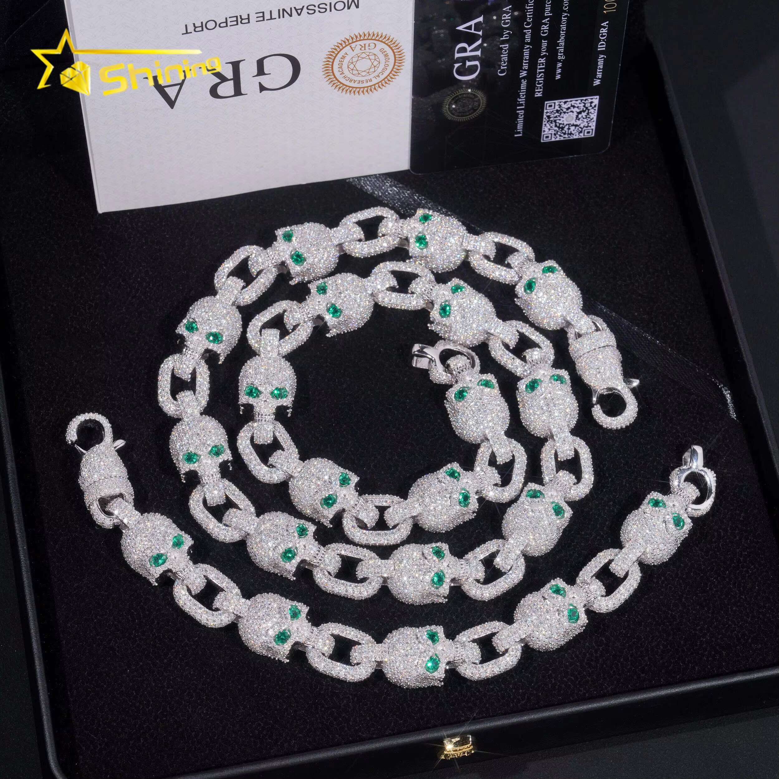 Bling Hip Hop Jewelry 15mm Solid 925 Sterling Silver Gold Plated GRA VVS Custom Made Skull Iced Out Moissanite Cuban Link Chain