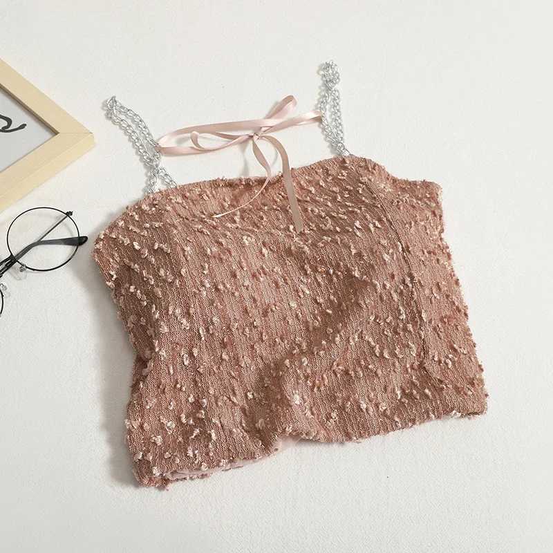 Womens elegant bow vest with bra pad Y2K crop top knitted chain shoulder strap womens summer vest summer 2024XJ250508