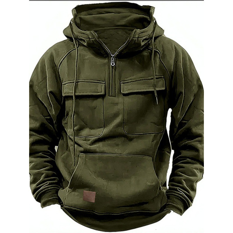 Spring and Autumn new men's hooded solid color hoodie, youth sports multi pocket patch leather hoodie jacket