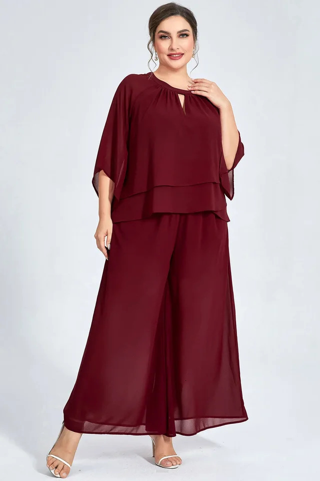 Womens plus size formal Burgundy chiffon pleated sleeve cut wide leg twopiece pants set casual office womens matching y250427