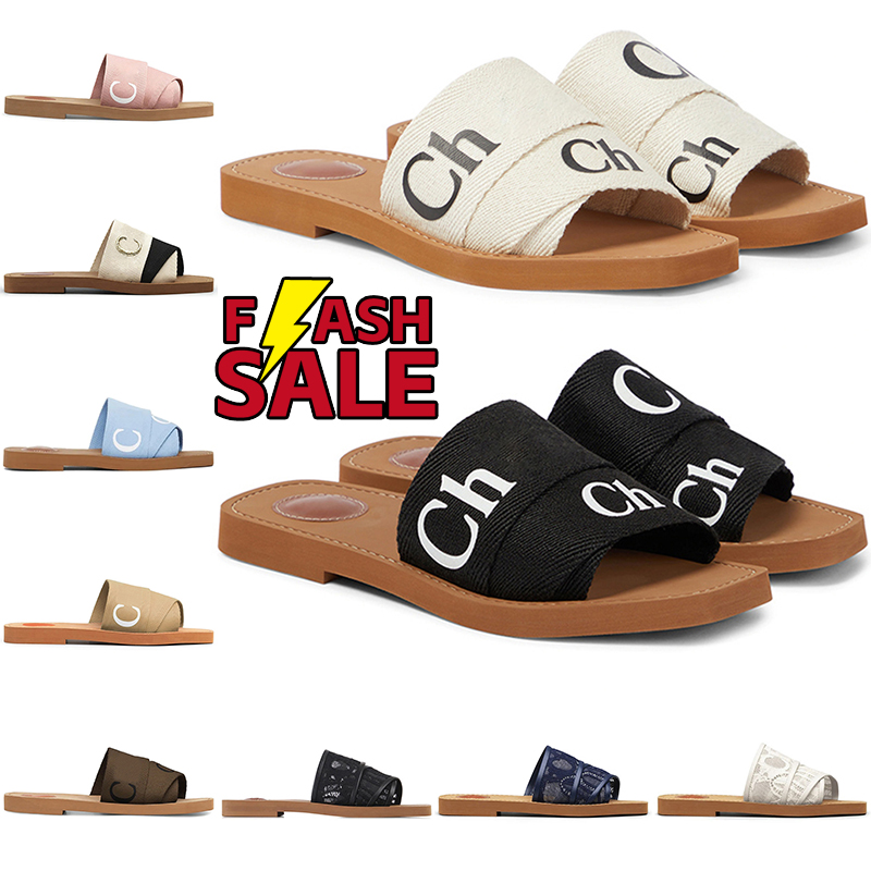 Designer Sandals Slides Slippers Mules Women Beige Black White Pink Lace Lettering Canvas Woody Sandal Loafers Womens Outdoor Flat Bottmed Sunmmer Heeled Sliders