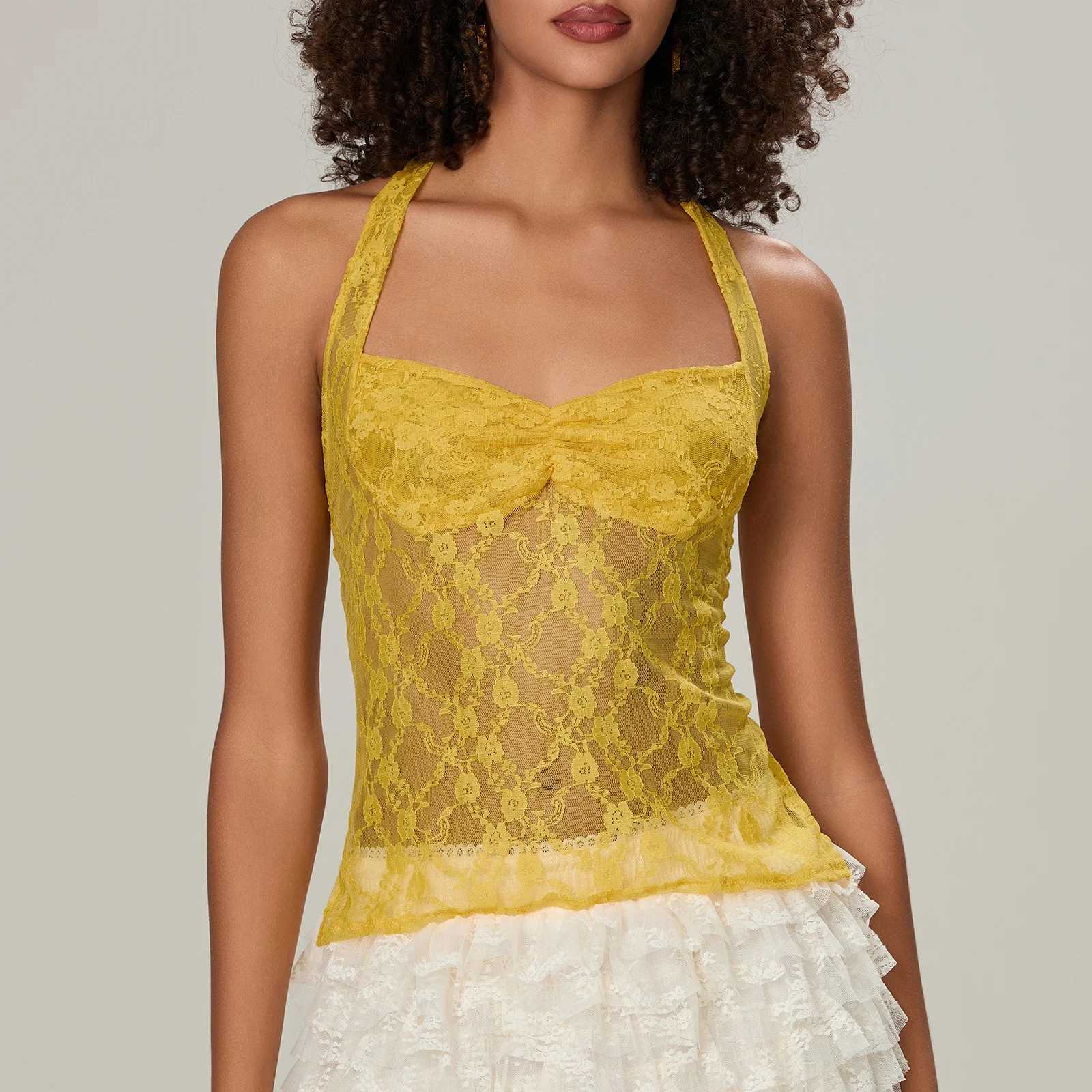 Women Y2k Aesthetic Sleeveless Lace Camisole Tie-Up Halter Neck Tank Tops Summer Vintage Backless Lace Crop Tops Going Out TopsXJ250508
