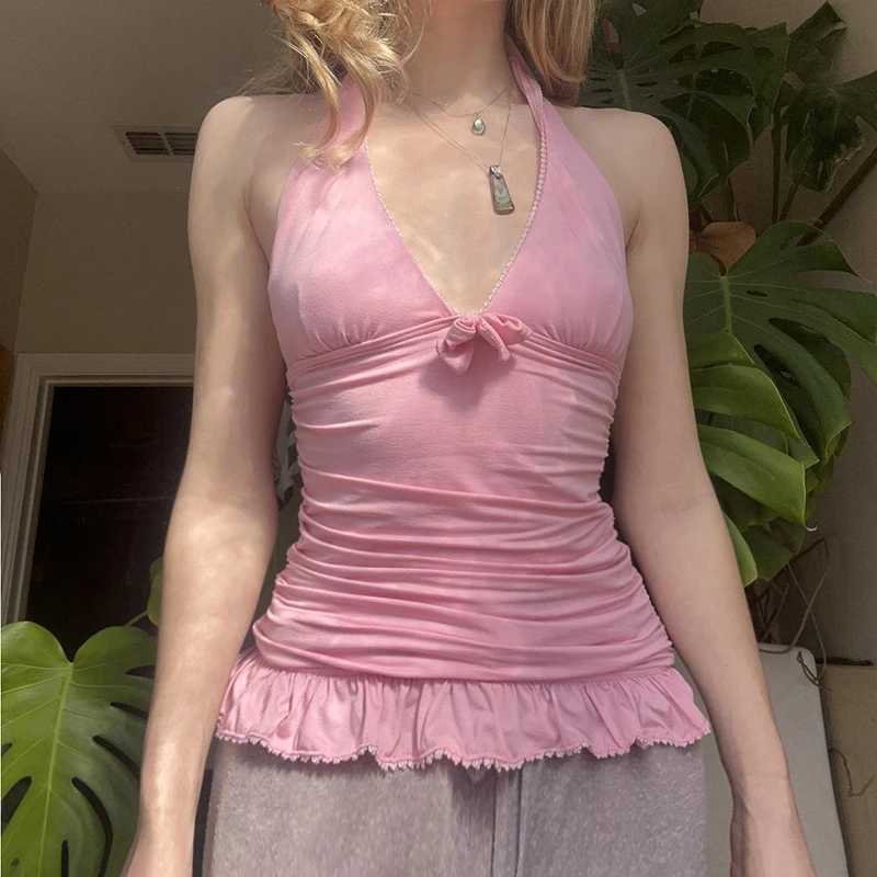 Rockmore pink sweet camisole top womens shirt ultra-thin Camisol Y2k fashionable sleeveless V-neck ruffle backless vest FairycoreXJ250508