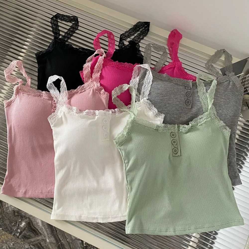 Solid Color Knit Tank Top Vest Women Sexy Lace Camisole With Chest Pad Crop Tops Sleeveless T Shirt Female Slim UndershirtXJ250508