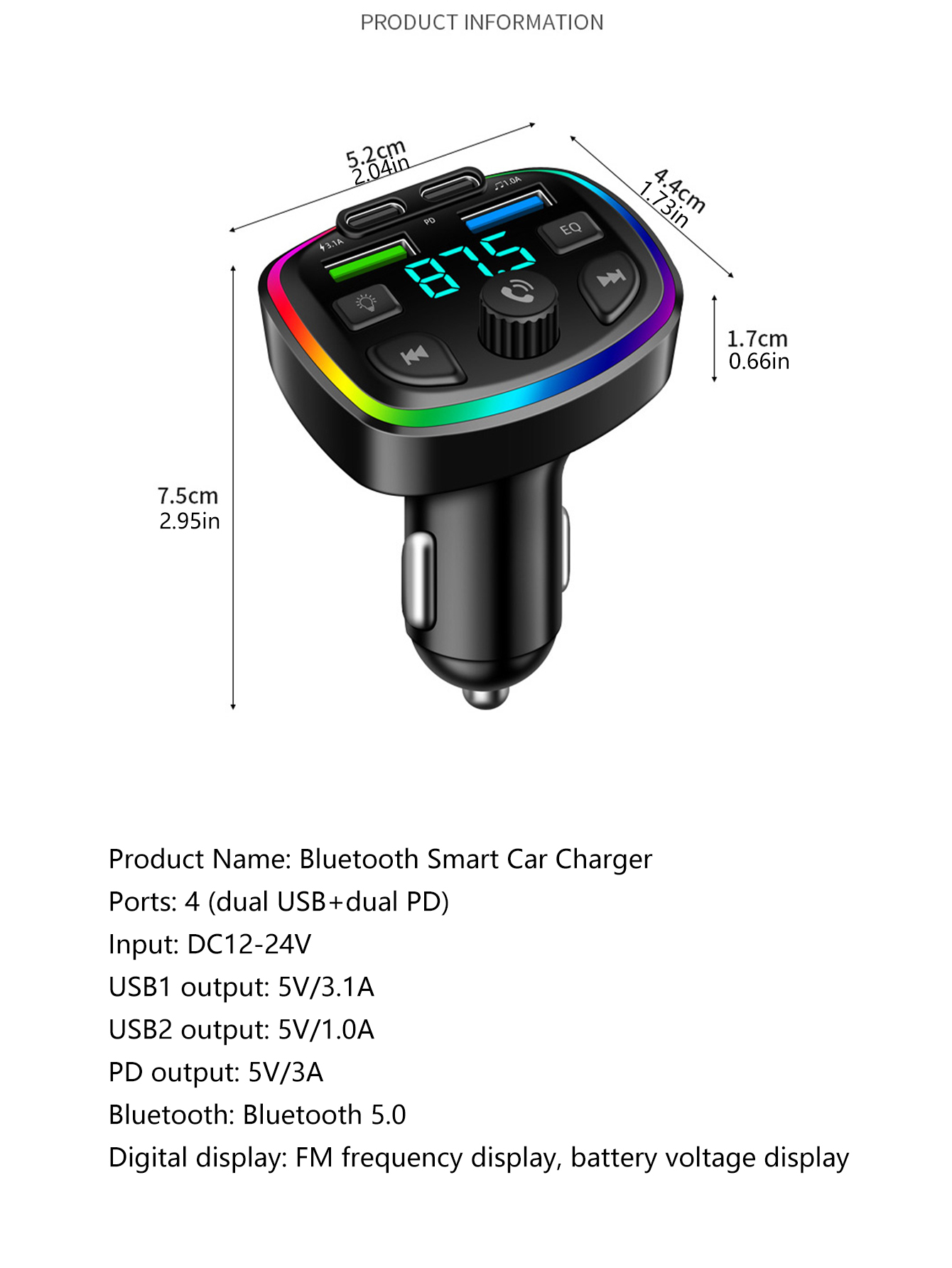Car Bluetooth MP3 Player, Hands-free Calling with Voice Announcement, PD Fast Charging USB Flash Drive