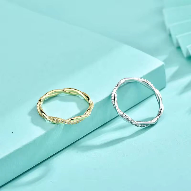 925 Sterling Silver Twisted Rope Ring, Set with Zirconia, Platinum Plating, European and American Style Bestseller Jewelry, Wholesale