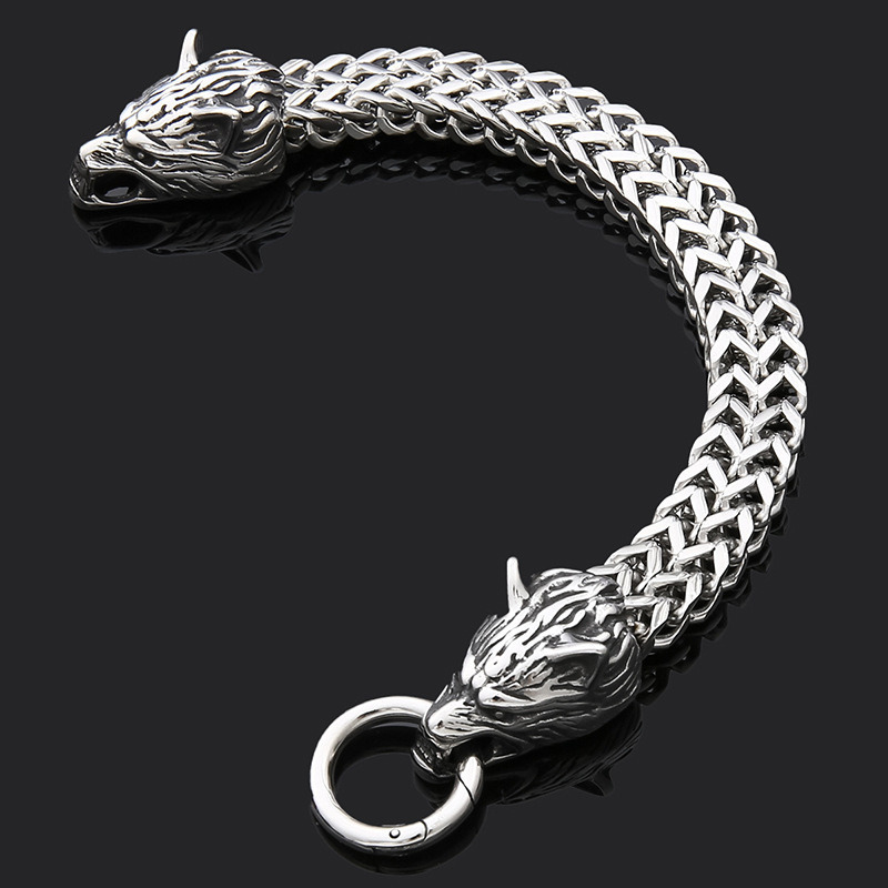 Xinghe Hip Hop Stainless Steel Chain Bracelet, Personalized Viking Dominance Wolf Head Bracelet