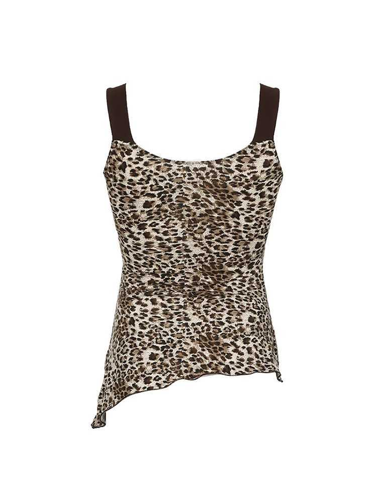 Contrast Patchwork leopard print ultra-thin asymmetrical vest for women V-neck Y2K summer vestXJ250508