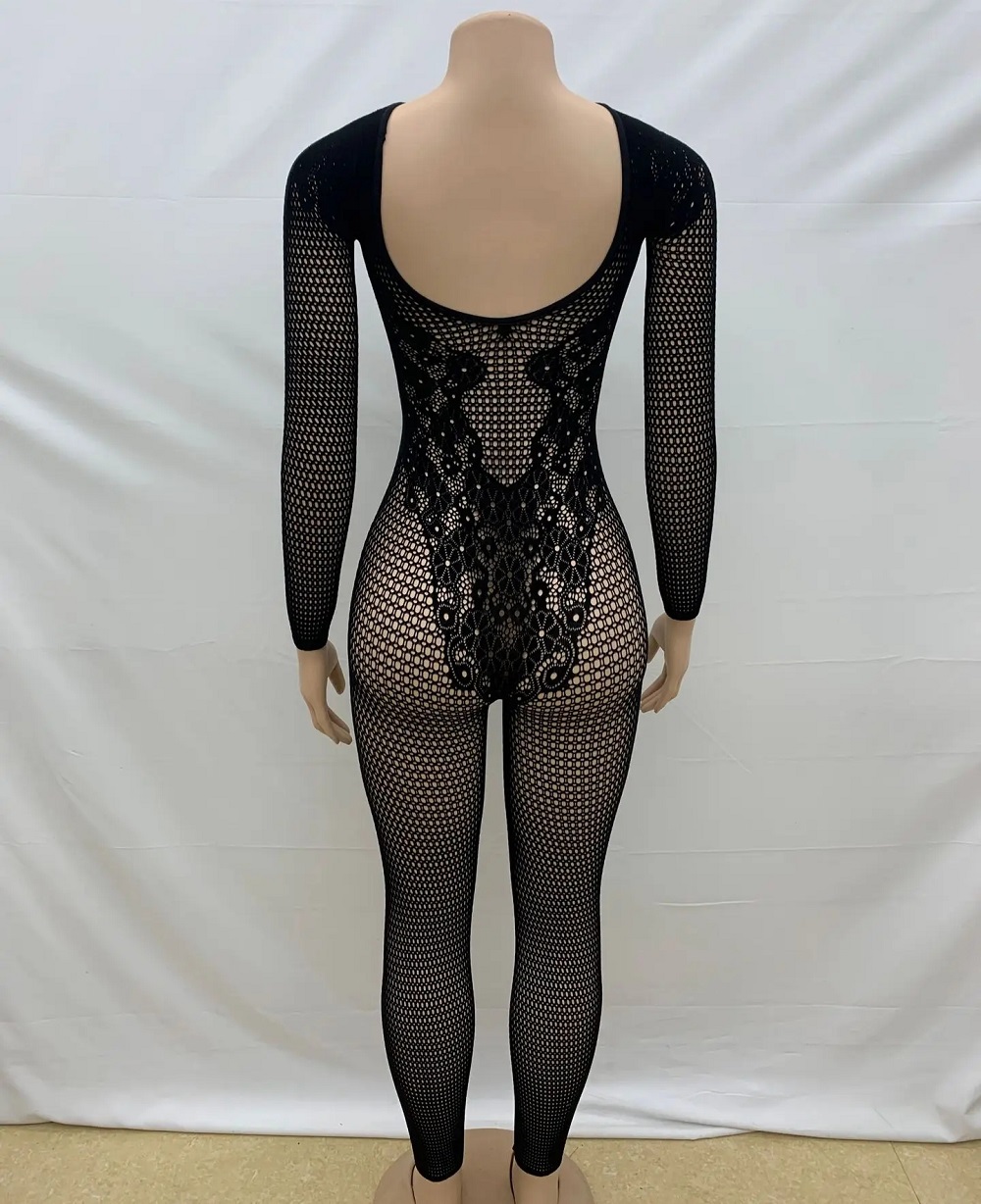 Lace Patchwork See Through Black Jumpsuit Women Sexy Long Sleeve Backless Skinny One Piece Rompers 2025 Midnight Clubwear