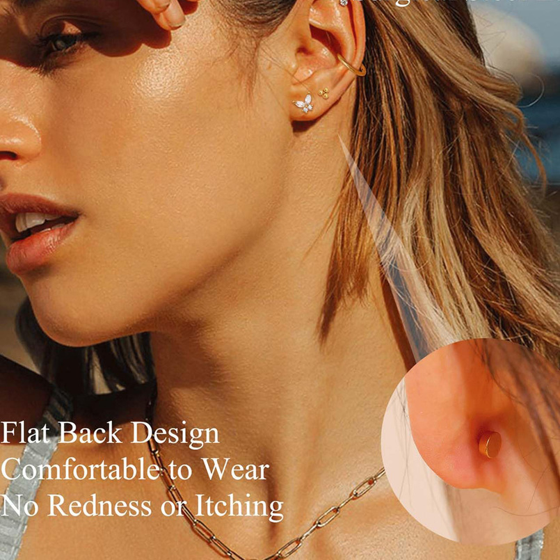 TUPMI Hypoallergenic Surgical Steel Earrings for Sensitive Ears 14K Gold Flat Back Earrings for Women Men Small Flatback Stud Hoop Cartilage Earring S