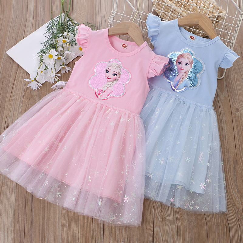 DISNEY Frozen Princess Elsa kids designer clothes toddler designer clothes Summer children clothes girl dress with flying sleeves and sequins cartoon 