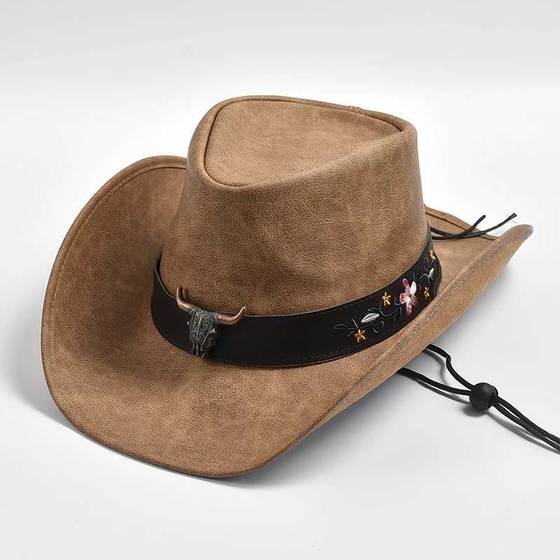 New 100% Leather Western Cowboy Hat Men Wide Brim Gentleman Church Jazz Cap Cowgirl Hats Mens HatXJ250509
