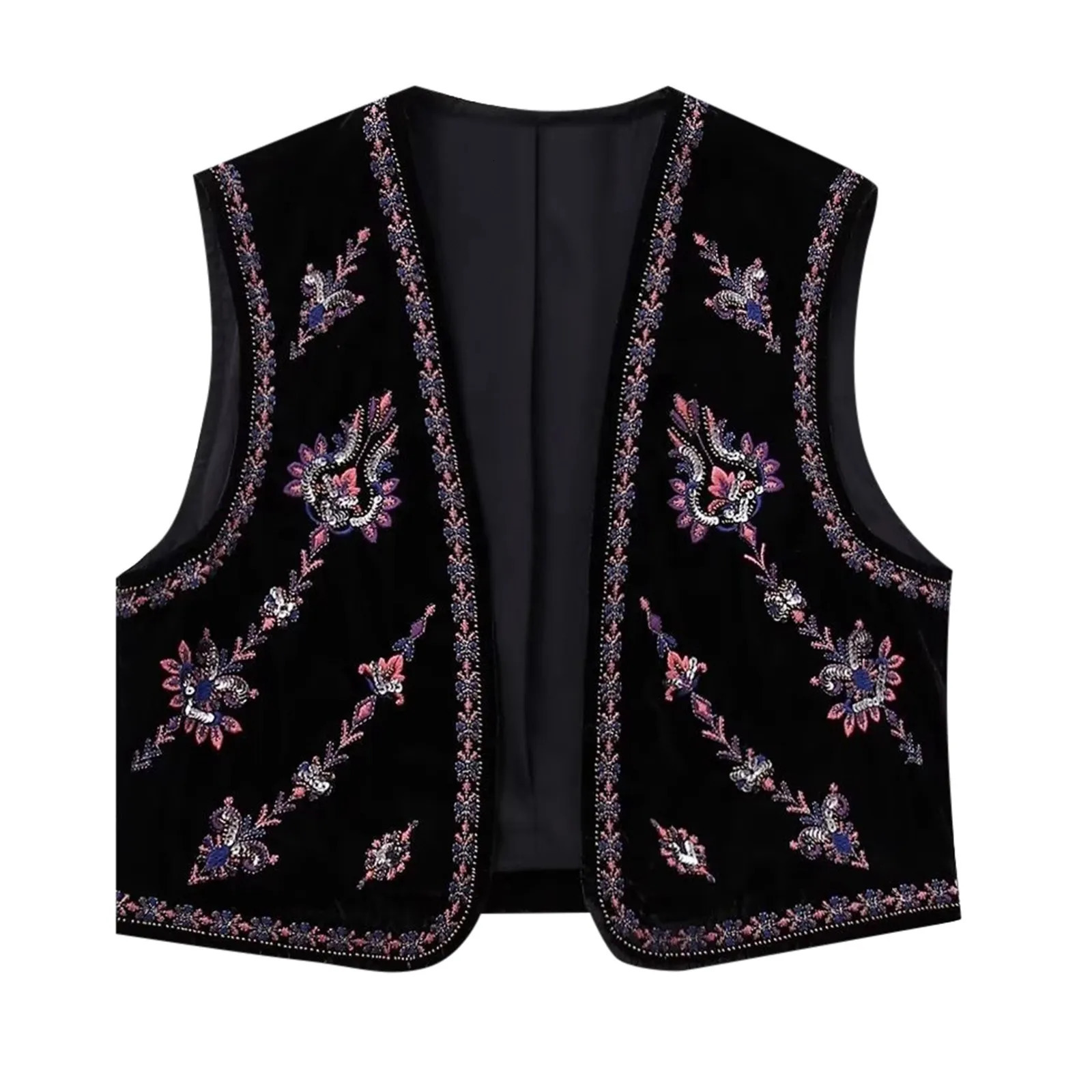 Ladies casual crop waist coat top French ethnic shorts Vneck beaded sleeveless embroidered velvet vest 250430Z
