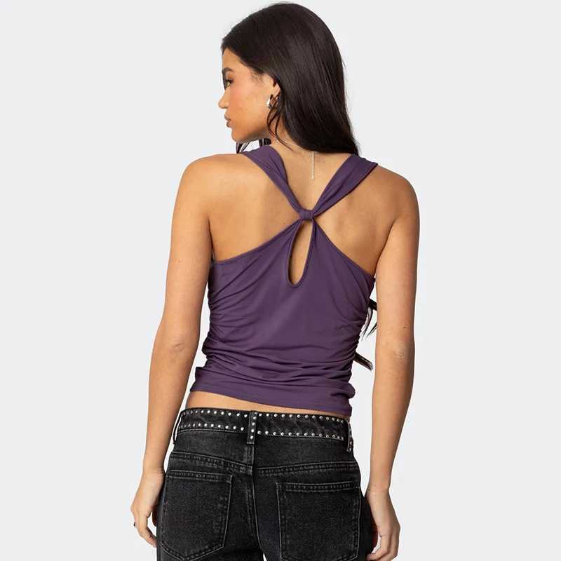 CUTENOVA Solid Color Hottie Girls Low Cut Tank Top Pleated Cross Backless Hollow Out Short Camisole Tank Top Womens Summer NewXJ250508