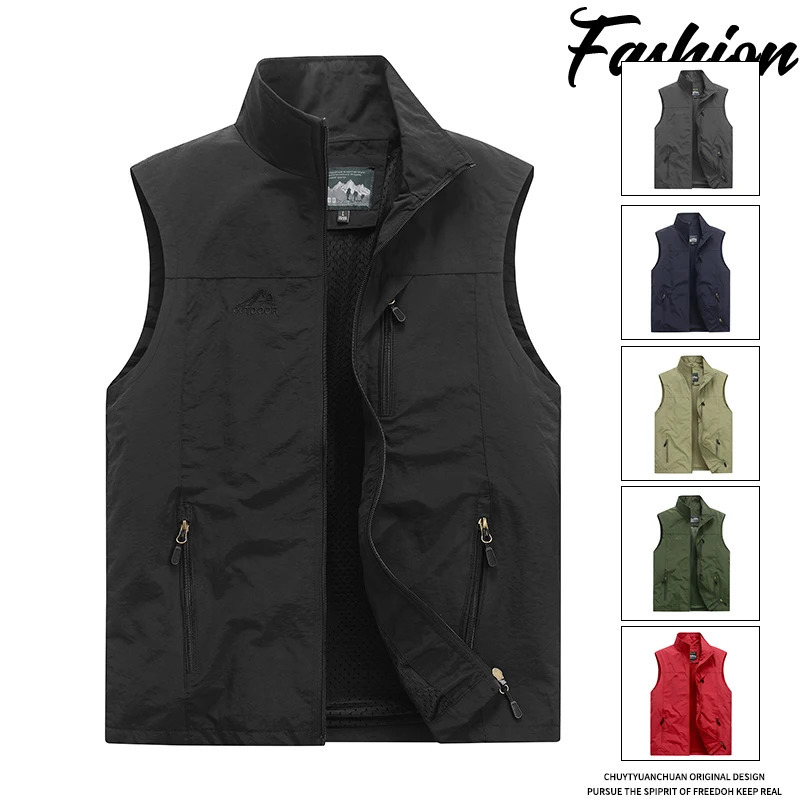 Spring and autumn sleeveless lightweight soft shell vest jacket casual mens standing collar windproof fashionable outdoor warm 250506