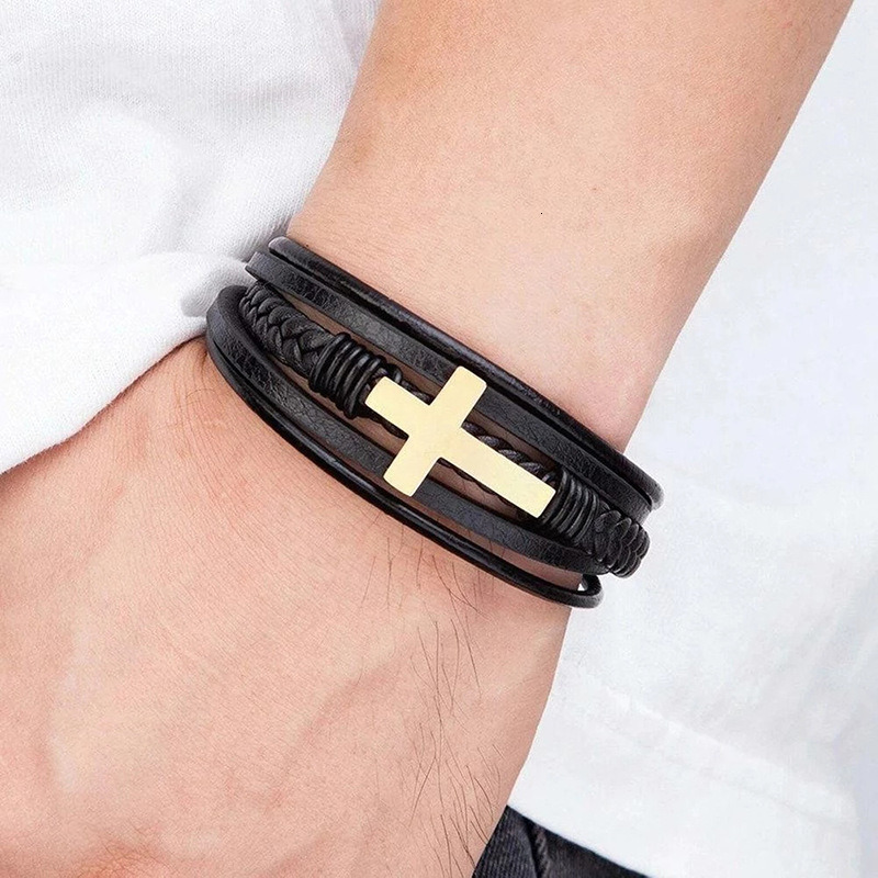 Xinghe Weaving Handmade Leather Magnetic Buckle Stainless Cross Bracelet Men's Titanium Steel Jewelry New Product