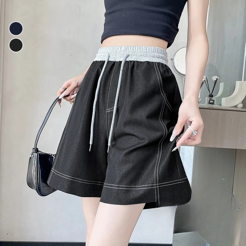 Summer Vintage IckSilk Patchwork Womens Wide Leg Shorts 2025 High Waist Korean Laceup Casual Loose Short Pants Female 250506Z