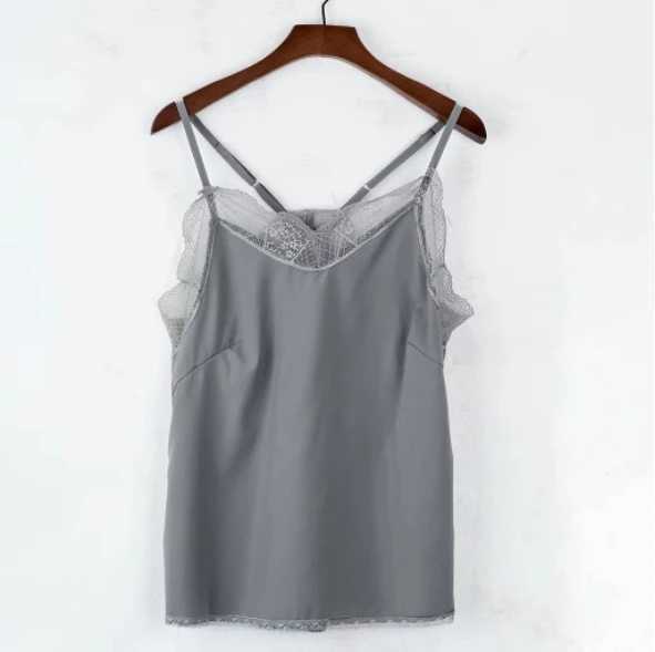 Womens elegant vest top tube top silk satin vest plain weave shoulder strap vest top sleeveless shirt French tuning exquisite laceXJ250508
