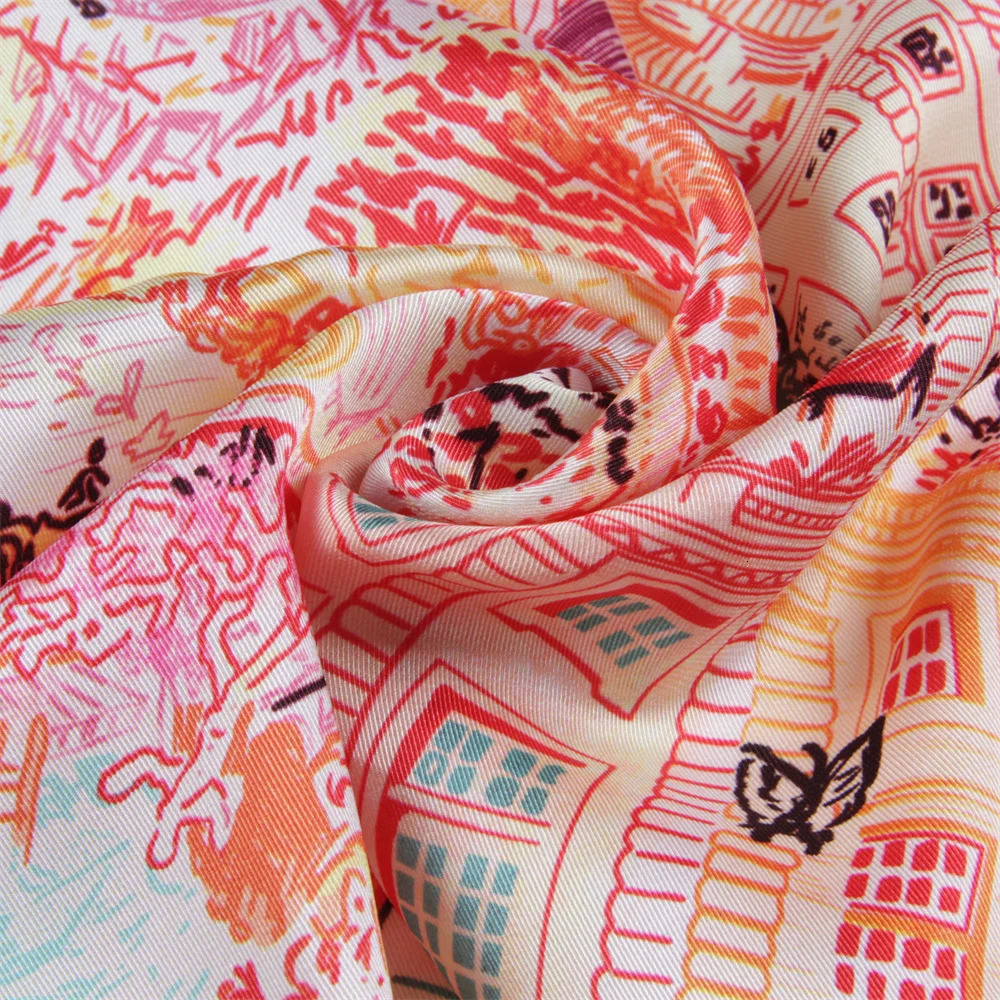 Silk Scarf Women Foreast City Print Square Scarves Head Echarpes Silk Foulards Femme Wraps Beach Shawls Bandana Lady Hijabs 90CM 250509