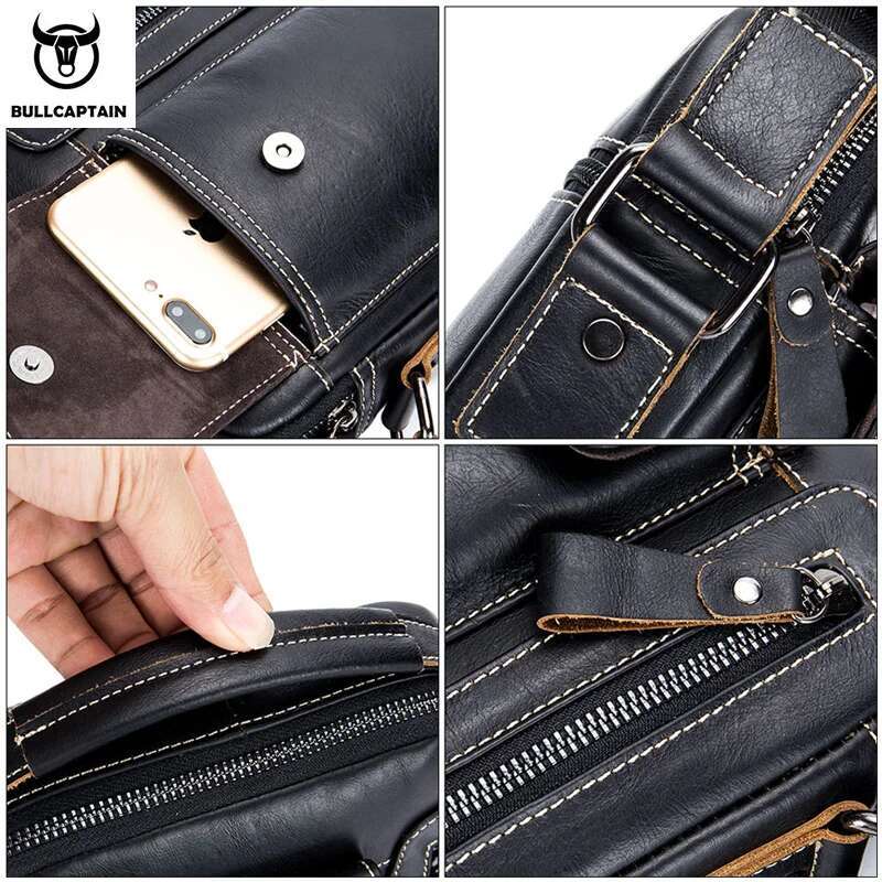BULLCAPTAIN Casual Fashion Men's Messenger Bag's Business Portable Handbag Man Leather Shoulder Bag Mobile 6.5'' Phone Bags